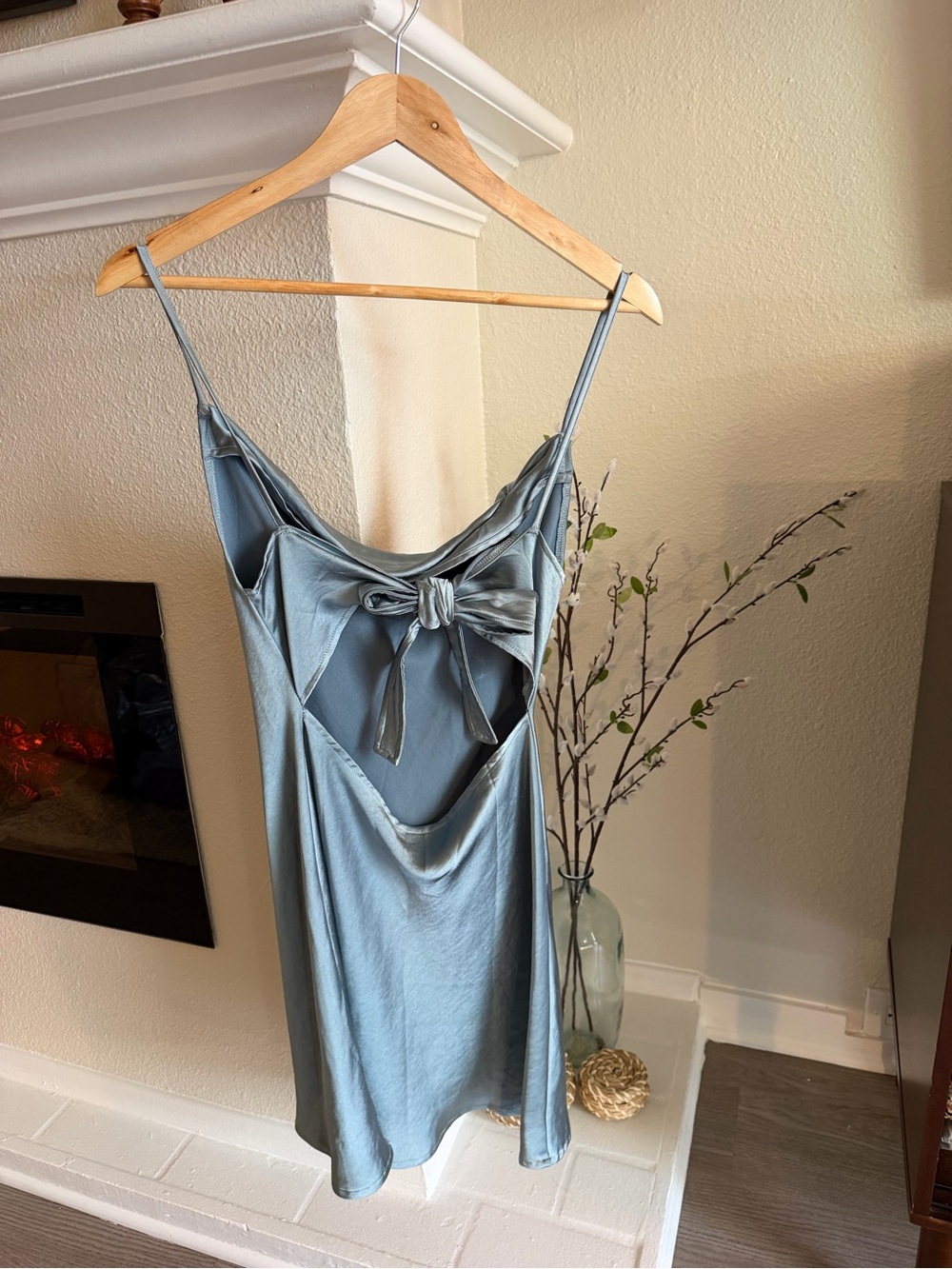 Urban Outfitters Motel Satin Mini Dress in Dusty Blue with Back Bow